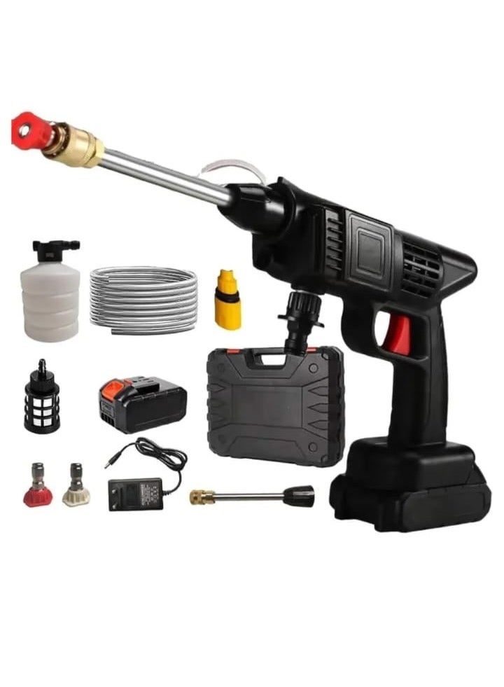 مسدس غسيل عالي الضغط لاسلكي ٥٢٠ فولت مع بطاريتين وملحقات - منظف قوي محمول للسيارة والحديقة والمنزل - Image 1